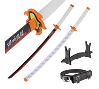 Wooden Katana Sword 30 inch / 77 cm with Belt Holder and Stand - Deamon Slayer Short Samurai Sword for Anime Cosplay - Bamboo Wakizashi Replica Swords - Decorative Collectables (No Sharp Edges)