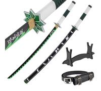 Wooden Katana Sword 30 inch / 77 cm with Belt Holder and Stand - Deamon Slayer Short Samurai Sword for Anime Cosplay - Bamboo Wakizashi Replica Swords - Decorative Collectables (No Sharp Edges)