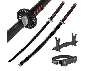 Wooden Katana Sword 30 inch / 77 cm with Belt Holder and Stand - Deamon Slayer Short Samurai Sword for Anime Cosplay - Bamboo Wakizashi Replica Swords - Decorative Collectables (No Sharp Edges)