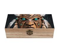 Wooden Keepsake Box with Hinged Lock - Rain God Mask Handmade Jewelry Storage Chest, Vintage Decorative Organizer Box for Home Office, (7.9x3.9x2.3 Inch)