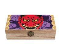 Wooden Keepsake Box with Hinged Lock - Red Oni Mask Handmade Jewelry Storage Chest, Vintage Decorative Organizer Box for Home Office, (7.9x3.9x2.3 Inch)