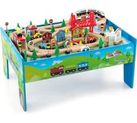 Wooden Kids Activity Train Table, 80PCS Set with Storage, Multicolor Pieces, Tracks, Cars, Toddler Toy Table w/Reversible Tabletop