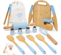 Wooden Kids Cooking Set Montessori Kit - Real Toddler Kitchen Tools & Baking Utensils - 15PCS Cooking Kit for Kids with Storage Bag, Great Gift for Pretend Play & Montessori Learning (Blue)