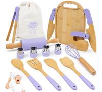 Wooden Kids Cooking Set Montessori Kit - Real Toddler Kitchen Tools & Baking Utensils - 15PCS Cooking Kit for Kids with Storage Bag, Great Gift for Pretend Play & Montessori Learning (Purple)