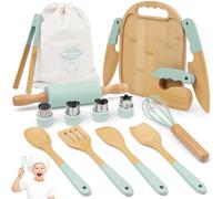 Wooden Kids Cooking Set Montessori Kit - Real Toddler Kitchen Tools & Baking Utensils - 15PCS Cooking Kit for Kids with Storage Bag, Great Gift for Pretend Play & Montessori Learning (Green)