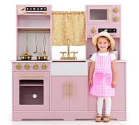 Wooden Kids Play Kitchen, Children Pretend Toy Kitchen with Coffee Maker, Sink, Faucet, Stove, Water Dispenser, Microwave, Oven, Utensils, Curtain, Sounds, Lights, Toddler Role Play Cooking (Pink)