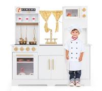 Wooden Kids Play Kitchen, Children Pretend Toy Kitchen with Coffee Maker, Sink, Faucet, Stove, Water Dispenser, Microwave, Oven, Utensils, Curtain, Sounds, Lights, Toddler Role Play Cooking (White)