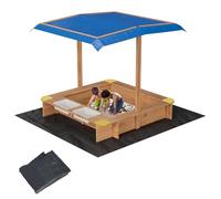 Wooden Kids Sandbox with Retractable UV-Resistant Canopy&Lid Cover-39x 39in | Outdoor Sand Box with 2 Side Buckets, Bottom Liner & Drainage, Adjustable Roof for Backyard Patio Beach