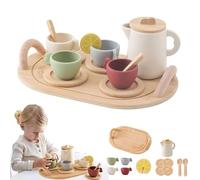 Wooden Kids Tea Set,Play Kitchen Toy Accessories,Tea Party Set,Montessori Teapot Teacup Simulation Kitchen Utensil,BPA Free,Silicone Pretend Play Toy Tea Set for Toddler Christmas Birthday Gift