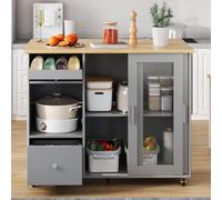 Wooden Kitchen Cart with Foldable Table White Buffet with 2 Drawers & Open Cabinet 360° Swivel Wheels Ideal for Living Room Kitchen Bar (Gray)