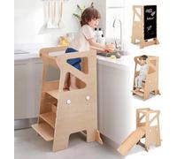 Wooden Kitchen Step Helper Learning Standing Tower with Slide 3 Levels Adjustable Heights Step Stools with Chalkboard Multifunctional Kids Step Stool Suit for Kitchen Room Kid's Room and Bathroom