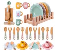Wooden Kitchen Toys,22 Pcs Kid Wooden Dinnerware Toy Set,Wood Kids Kitchen Playset,Funny Toddler Kitchen Toy Children Kitchen Cutlery and Plate Toy Set for 3-5 Years Old