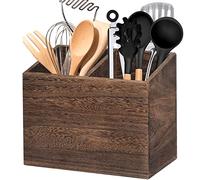 Wooden Kitchen Utensil Caddy With 2 Compartments, Rustic Kitchen Utensil Holder for Kitchen Countertop, Wood Utensil Crock Organizer Box for Farmhouse Kitchen Decor (brown)