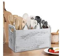 Wooden Kitchen Utensil Holder - 3 Compartment Countertop Organizer | 27x10.5x15.5cm 500g Solid Wood Storage Box With Drainage Holes, For Spatulas Spoons Housewarming Gift