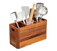 Wooden Kitchen Utensils Holder - 2 3 4 Compartment Farmhouse Countertop Storage Rack | For Spoons Spatulas | Acacia Wood Utensil Jar For Kitchen Counter Housewarming Gift, With Drying Holes & Handle