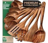 Wooden Kitchen Utensils Set, 10 Pcs Teak Wooden Spoons & Cooking Spatula | Natural wood, safe for nonstick pans & cookware; non-scratch, heat resistant, comfortable grip; won't crack or melt