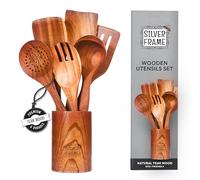 Wooden Kitchen Utensils Set with Holder, Teak Wood Cooking Spoons and Spatulas, 7 Piece Natural Wooden Tools for Cooking, Non-Stick Safe Durable Heat Resistant Utensil Set