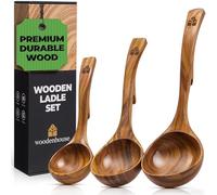 Wooden Ladle Spoon Set, 3 Size Teak Wood Kitchen Serving Spoon with Back Hooks for Pot & Bowl, Non-Stick Wooden Spoon Set for Cooking, Serving and Stirring