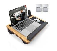Wooden Laptop Tray Lap Desk with Pillow Cushion, Lapdesk for Bed Sofa with Handy Handle and Mouse Pad, Fits up to 17.3” laptop, with Mini Device Stand - Light Brown