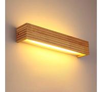 Wooden LED Wall Lamp, Warm Light Sconce Fixture for Bedroom, Bathroom, Japanese Design with Rectangular Mirror,Striped Solid Wood