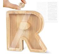 Wooden Letter Money Box for Kids Personalised Piggy Bank Letter A-Z Transparent Money Bank Saving Coins Cash Change Creative Gift for Children Boys Girls Decorative Money Box (R)