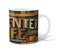 Wooden Letters Ceramic Coffee Mug, Rustic Artisan Geometric Shapes Colorful Panels None Earth Tones Novelty Office Drinking Cup with Handle Gift for Friendship Family Colleague Staff Sweetheart 15 Oz