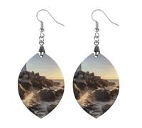 Wooden Lighthouse Rocks Seaside Earrings for Women Lightweight Dangle Earrings Ethnic Geometric Apricot Shaped Earring Vintage Retro Jewelry Gift for Daily Wear Wedding Party Graduation