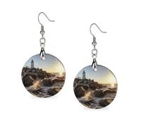 Wooden Lighthouse Rocks Seaside Earrings for Women Lightweight Dangle Earrings Ethnic Geometric Round Earring Vintage Retro Jewelry Gift for Daily Wear Wedding Party Graduation