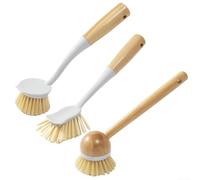 Wooden Long Handle Pot Brush Set with Built In Scraper 3 Pieces Stain Removal Dish Cleaning Kitchen Household Brush Hanging Air Dry Design Sustainable Wood White Black(White)