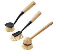 Wooden Long Handle Pot Brush Set with Built In Scraper 3 Pieces Stain Removal Dish Cleaning Kitchen Household Brush Hanging Air Dry Design Sustainable Wood White Black(Black)