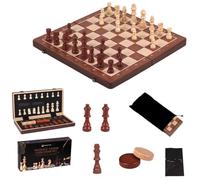 Wooden Magnetic Chess and Checkers Set, Folding Board with 2 Extra Queens & Storage Slots, Travel Educational Board Game Gift for Adults and Kids