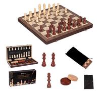 Wooden Magnetic Chess and Checkers Set, Folding Board with 2 Extra Queens & Storage Slots, Travel Educational Board Game Gift for Adults and Kids