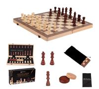 Wooden Magnetic Chess and Checkers Set, Folding Board with 2 Extra Queens & Storage Slots, Travel Educational Board Game Gift for Adults and Kids