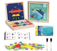 Wooden Magnetic Pattern Block Puzzle Set - 180/220/280 Pcs Montessori Tangram Puzzle with Pattern Cards, Creative Magnetic Puzzles Brain Blocks for Toddlers 5-10 (180 Pcs - Standard Model)