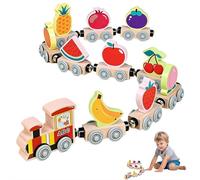 Wooden Magnetic Train Track Set - 11pc Wooden Animal Digital Train Set, Educational Toy for 2 3 4 5 Year Olds Boys and Girls Birthday Gift (Fruit)