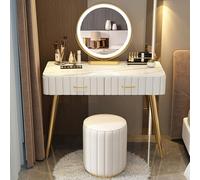 Wooden Makeup Desk Set with LED Lighted Mirror Upholstered Stool and Side Cabinet 1 Large Drawer Perfect Vanity for Bedroomand Women 100 cm Milk White