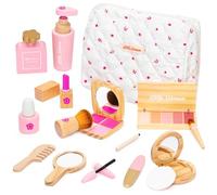 Wooden Makeup Toy Set, Pretend Play Makeup Kit for Toddlers Realistic Beauty Salon Role Play Set for Girls with Eyeshadow Lipstick Perfume Brush and Cosmetic Bag Birthday Gifts for Kids Aged 3 4 5 6