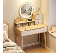 Wooden Makeup Vani with Round Mirror - Makeup Desk Set with Ders and Open Shelves for Small Bedrooms and Beau Rooms Ideal for Slish nizat