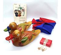 Wooden Mandarin Duck 6.7" 원앙 Korean Wedding Handmade + Small Duck Spoon Rest Gift box + Hanbok Silk Wrap + Korean Character Han gul Box + Book Mark Gift
