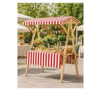 Wooden Market Stall with Canopy and Tablecloth, Folding Vendor Booth Snack Cart with Wheels, Wide Counter Farmers Market Stand Outdoor Wood Frame