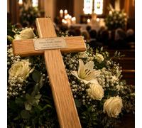 Wooden Memorial Cross Solid Oak Grave Marker & Bespoke Personalised Plaque