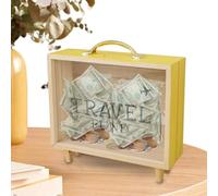 Wooden Memory Box Frame - Elegant Ticket Display Case, Transparent Front Panel, Slot Design | Modern Saving Money with World Map Plane Motif for Tabletop Decoration