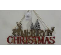 Wooden Merry Christmas Sign Winter Forest Reindeer Hanging Decoration 41cm Wide