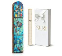 Wooden Mezuzah for Door | Contemporary 5 Inch Mezuzah Case with Non Kosher Scroll | Self Stick Mezuzahs for Easy Installation | Judaica Turquoise Chagall-Inspired Design, Packaged in a Gift Box