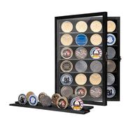 Wooden Military Challenge Coin Holder Display Case Lockable, Medal Display Cabinet Shadow Box Frame 11x16 with Removable Shelves for Military Medals Keepsakes, Tabletop or Wall Mountable Black