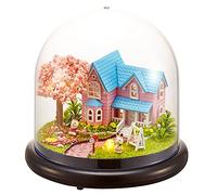 Wooden Miniature Dollhouse Kit Glass House DIY Micro-landscape Craft Decoration Model with 3D Music Box LED Light House Furniture Surprise Presents (Cherry blossoms)