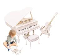 Wooden Miniature Piano & Stool Set - Realistic Furniture 3 Pieces | Simulation Model With Instrument Accessories