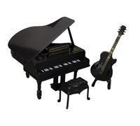 Wooden Miniature Stools And Tail Piano Set - 3 Realistic Furniture for Home | Home Simulation Model with Musical Instrument Accessories