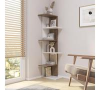 Wooden Modern Free Standing Display Corner Bookcase (White+Oak, 5 Tier)