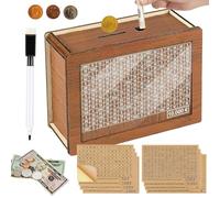 Wooden Money Box with 8 Different Target Stickers and 1 Acrylic Board Retro Saving Box with Objectives Reusable Money Box for Adults and Children (10000€)